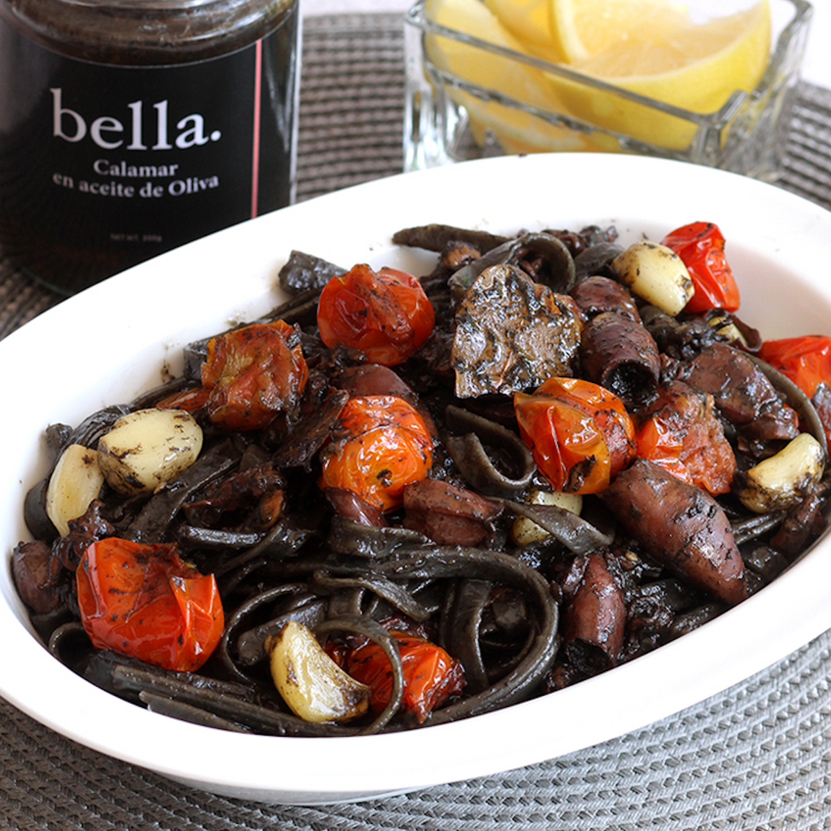 Squid Ink Linguine with Calamar en Aceita de Oliva with Roasted Garlic – The Seven Pantry