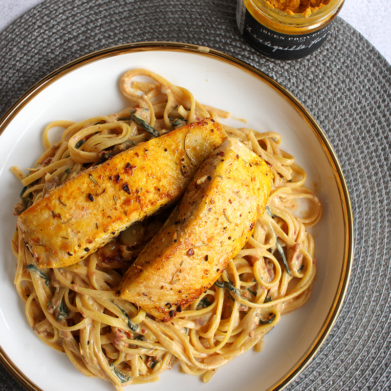 Creamy Tuscan Pasta with Seared Salmon Fillet